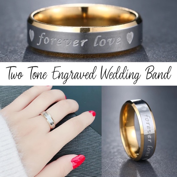 Elegant Two Tone Steel Forever Love Engraved Wedding Band - Picture 1 of 3